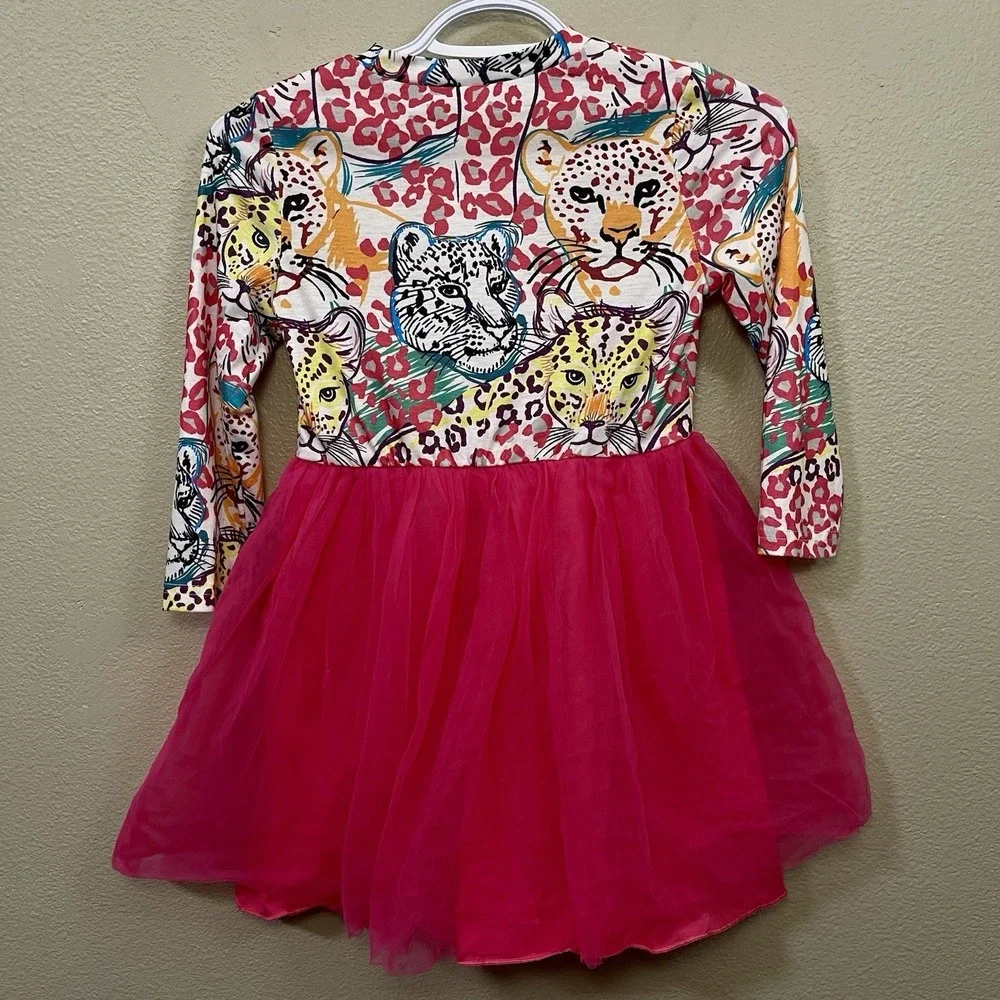 Girl's Leopard Tutu Dress Cat Face Graphic‎ Hot Pink Multi Long Sleeve Size 7